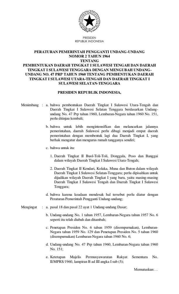 Peraturan Pemerintah Penganti Undang-undang Nomor 2 Tahun 1964