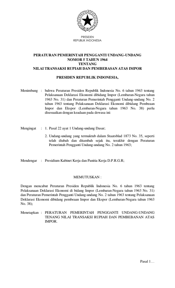 Peraturan Pemerintah Penganti Undang-undang Nomor 5 Tahun 1964