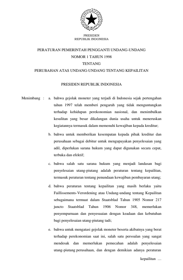 Peraturan Pemerintah Penganti Undang-undang Nomor 1 Tahun 1998