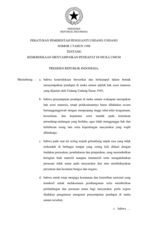 Peraturan Pemerintah Penganti Undang-undang Nomor 2 Tahun 1998