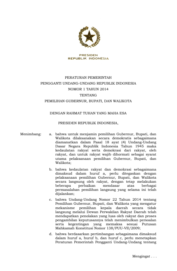 Peraturan Pemerintah Penganti Undang-undang Nomor 1 Tahun 2014