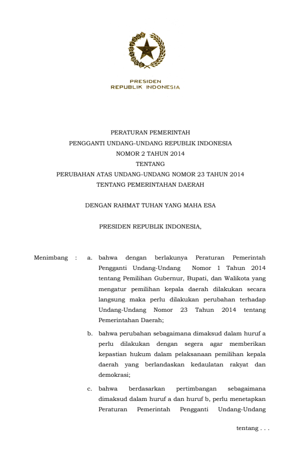 Peraturan Pemerintah Penganti Undang-undang Nomor 2 Tahun 2014