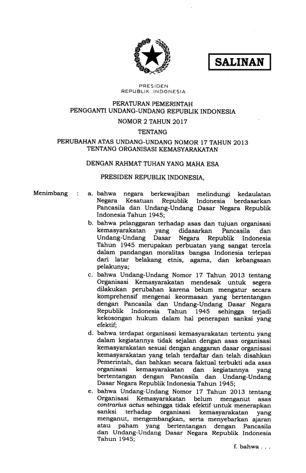 Peraturan Pemerintah Penganti Undang-undang Nomor 2 Tahun 2017