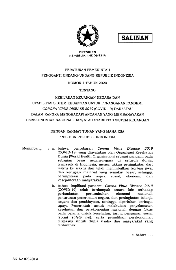 Peraturan Pemerintah Penganti Undang-undang Nomor 1 Tahun 2020