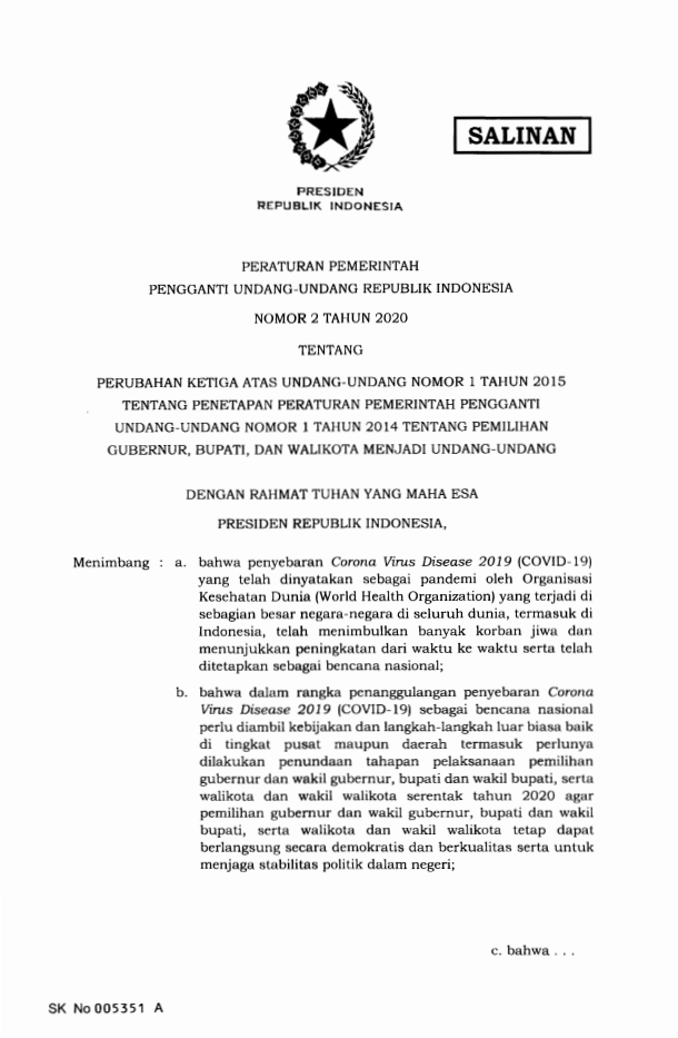 Peraturan Pemerintah Penganti Undang-undang Nomor 2 Tahun 2020