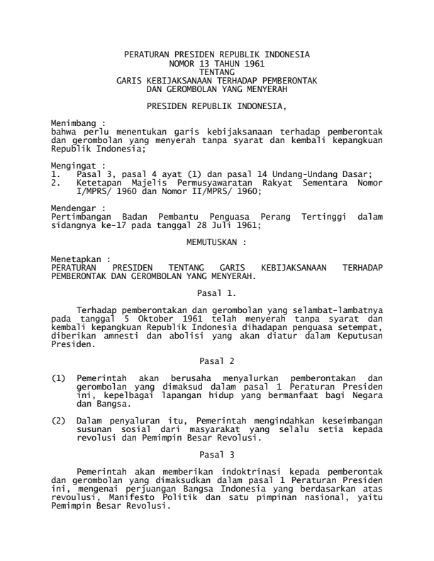 Peraturan Presiden Nomor 13 Tahun 1961