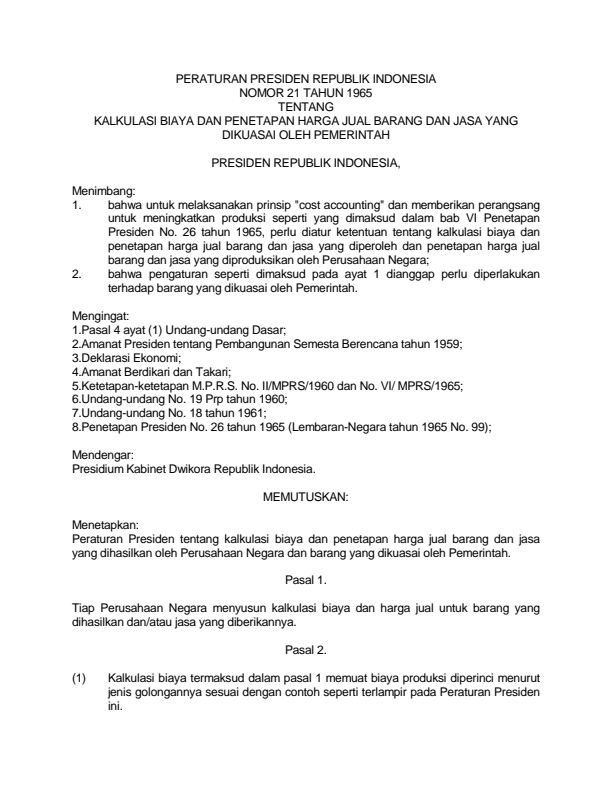 Peraturan Presiden Nomor 21 Tahun 1965