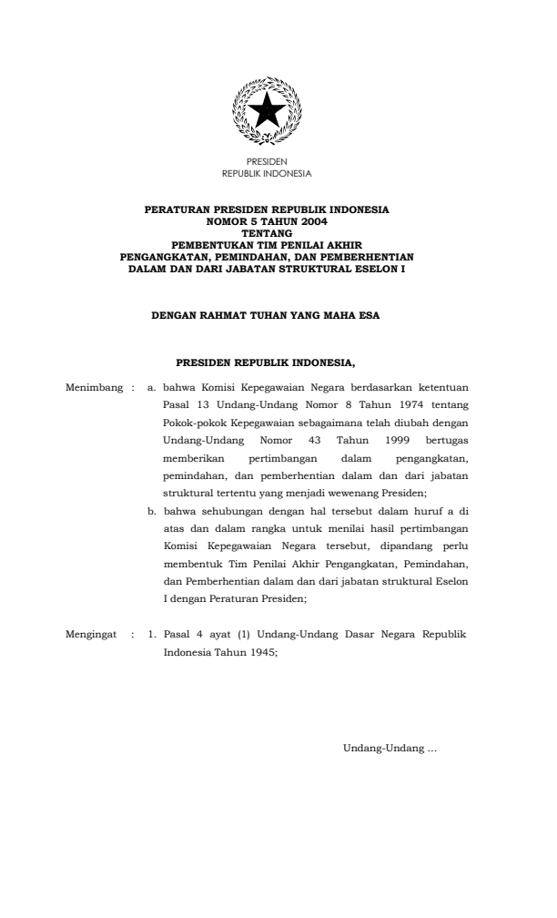 Peraturan Presiden Nomor 5 Tahun 2004