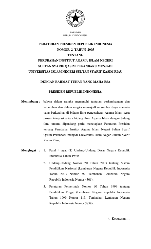 Peraturan Presiden Nomor 2 Tahun 2005