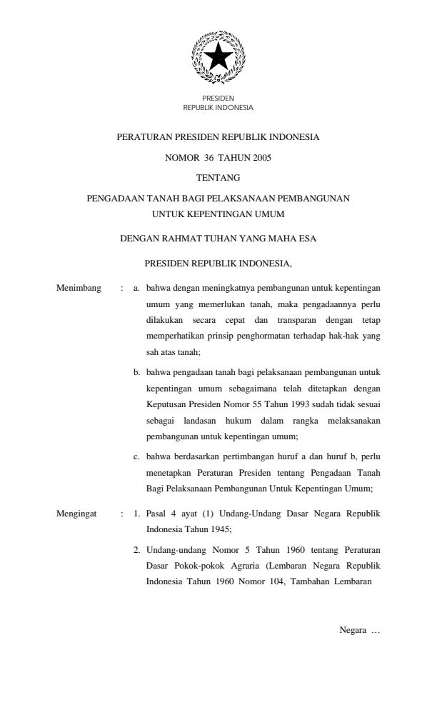 Peraturan Presiden Nomor 36 Tahun 2005