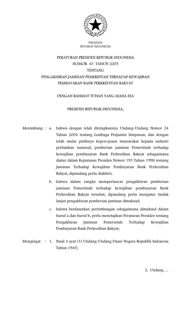 Peraturan Presiden Nomor 43 Tahun 2005