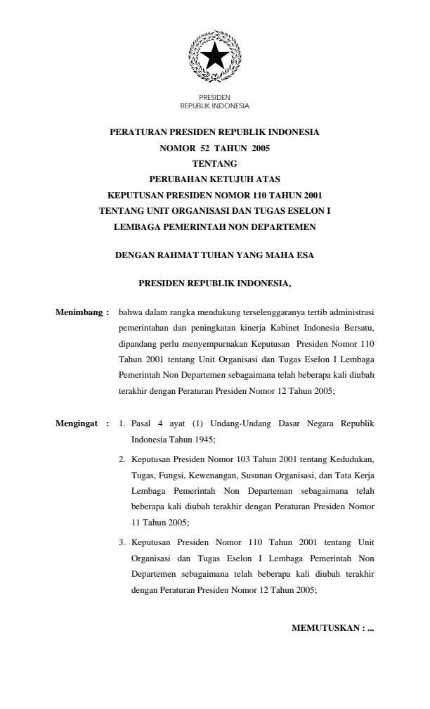 Peraturan Presiden Nomor 52 Tahun 2005