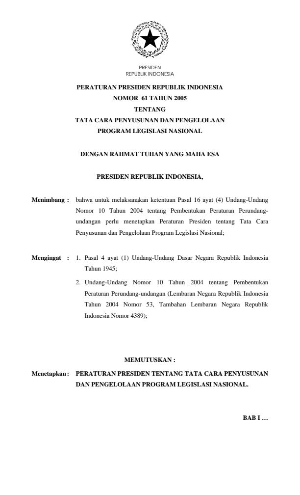 Peraturan Presiden Nomor 61 Tahun 2005