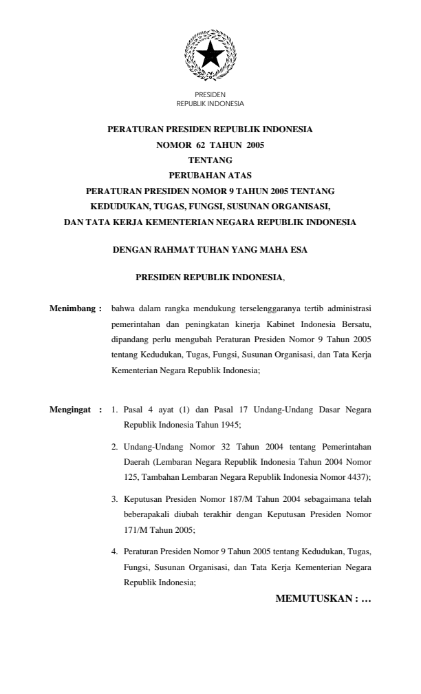 Peraturan Presiden Nomor 62 Tahun 2005