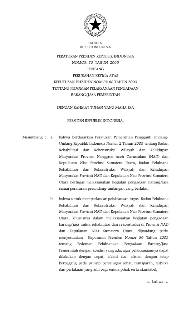 Peraturan Presiden Nomor 70 Tahun 2005