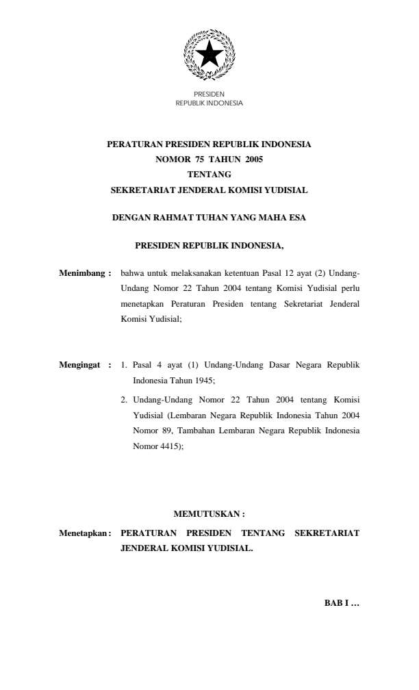 Peraturan Presiden Nomor 75 Tahun 2005