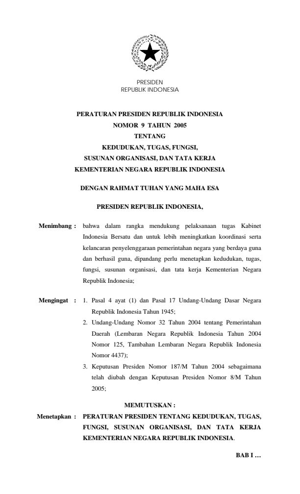 Peraturan Presiden Nomor 9 Tahun 2005