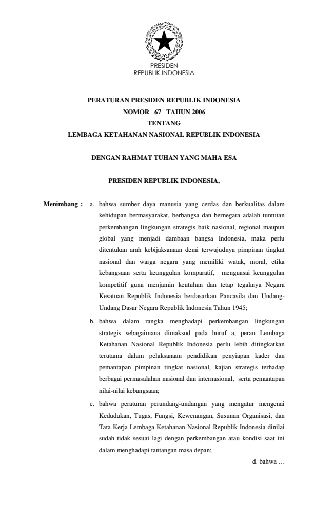 Peraturan Presiden Nomor 67 Tahun 2006