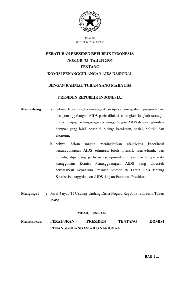 Peraturan Presiden Nomor 75 Tahun 2006