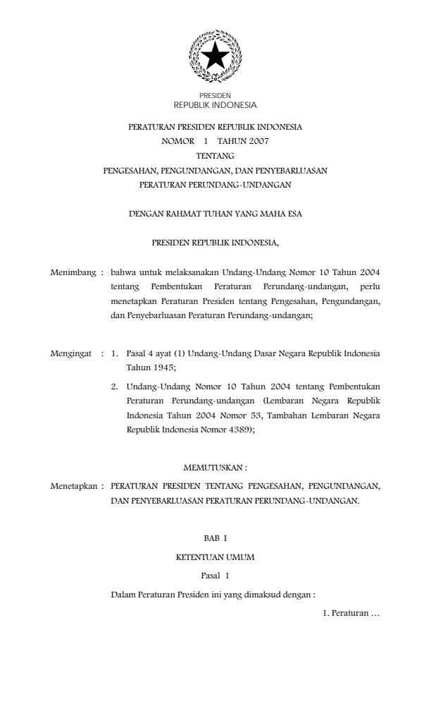 Peraturan Presiden Nomor 1 Tahun 2007