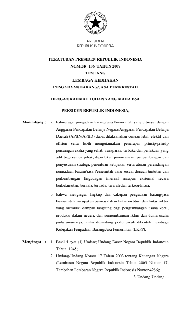 Peraturan Presiden Nomor 106 Tahun 2007