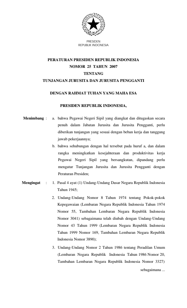 Peraturan Presiden Nomor 25 Tahun 2007