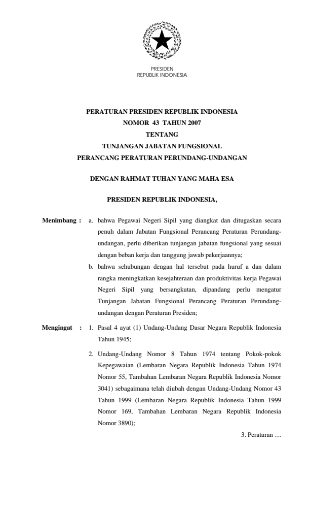Peraturan Presiden Nomor 43 Tahun 2007