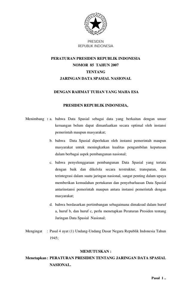 Peraturan Presiden Nomor 85 Tahun 2007