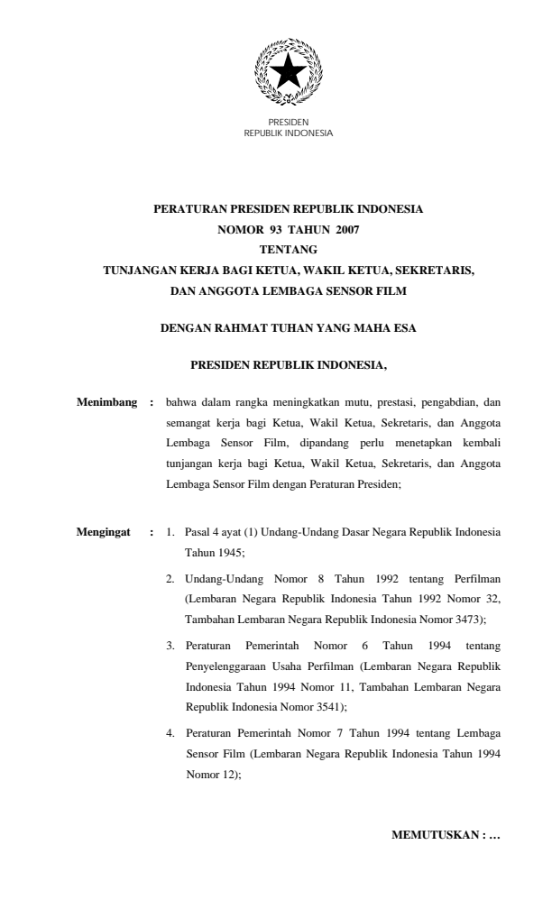 Peraturan Presiden Nomor 93 Tahun 2007