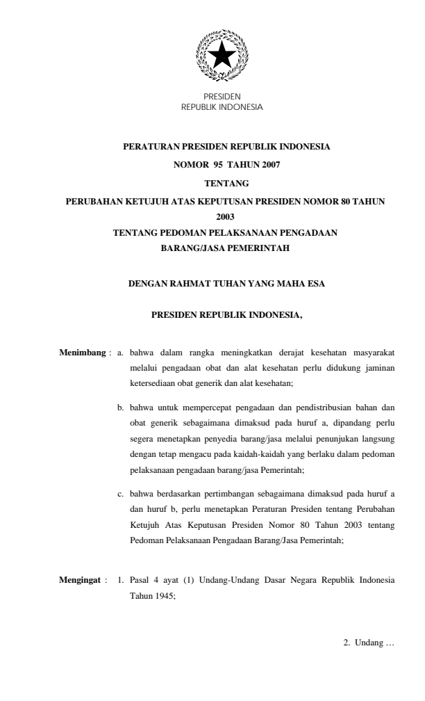 Peraturan Presiden Nomor 95 Tahun 2007