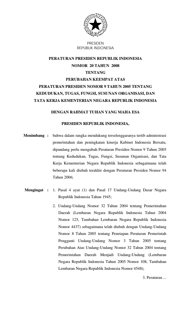 Peraturan Presiden Nomor 20 Tahun 2008