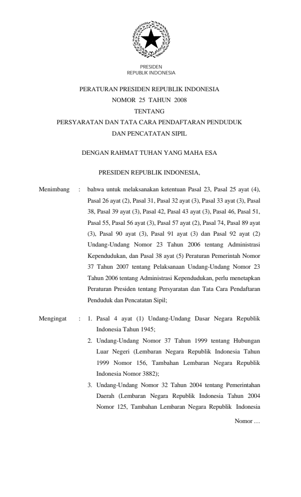 Peraturan Presiden Nomor 25 Tahun 2008