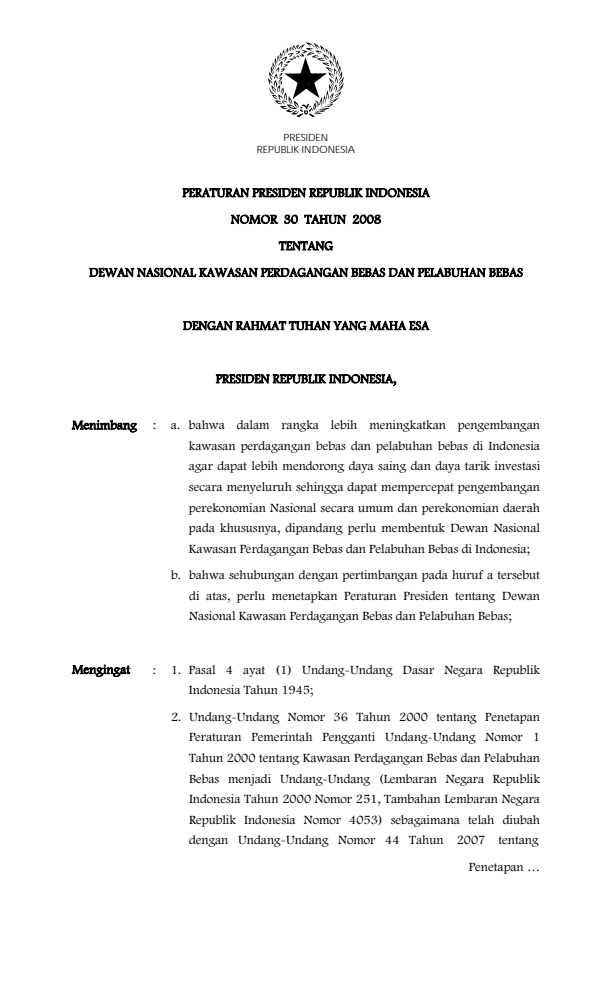 Peraturan Presiden Nomor 30 Tahun 2008