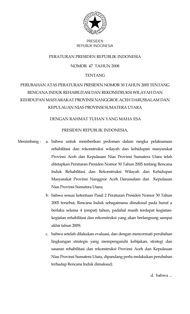 Peraturan Presiden Nomor 47 Tahun 2008