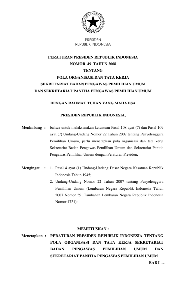Peraturan Presiden Nomor 49 Tahun 2008