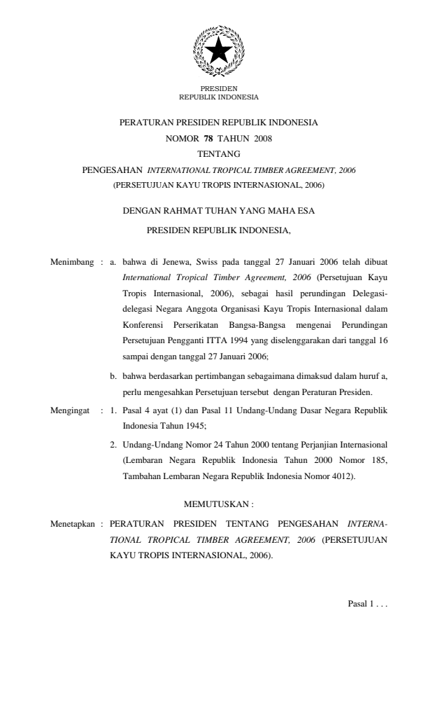 Peraturan Presiden Nomor 78 Tahun 2008