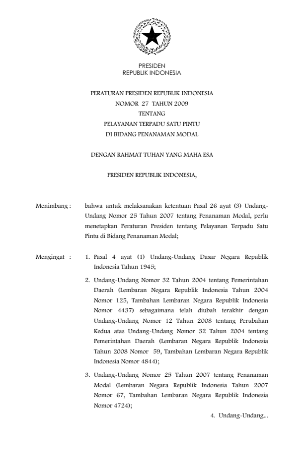 Peraturan Presiden Nomor 27 Tahun 2009