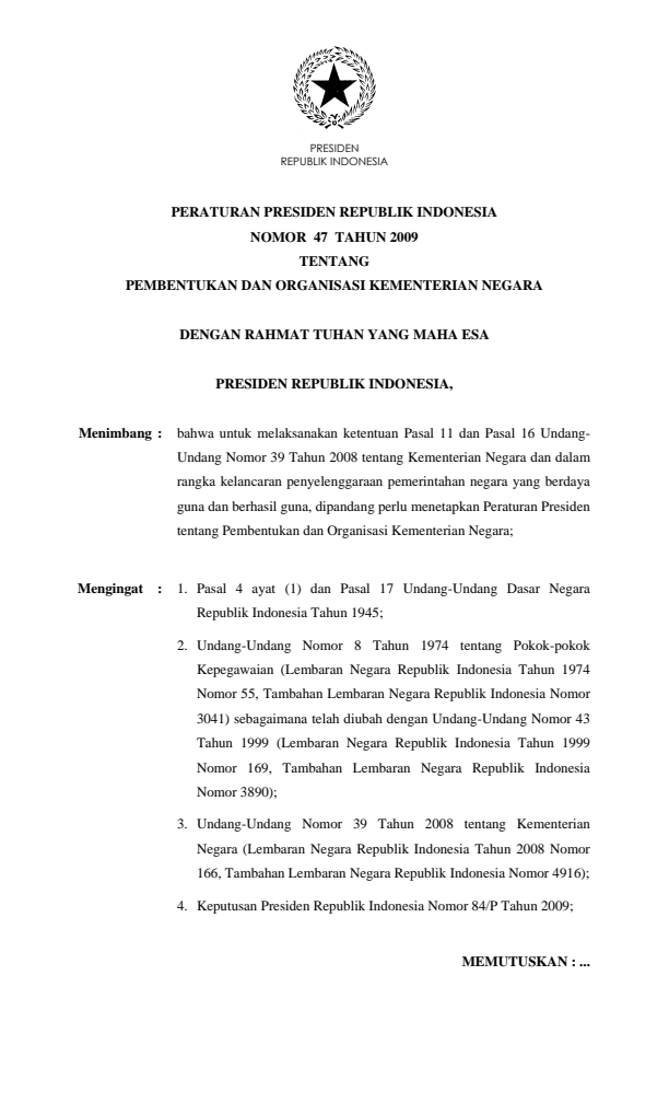Peraturan Presiden Nomor 47 Tahun 2009