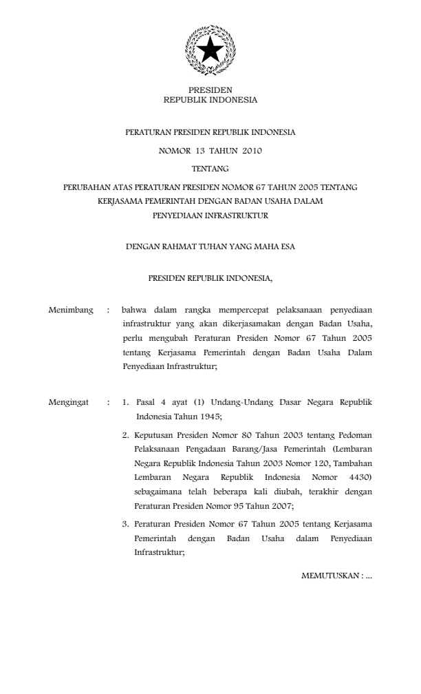 Peraturan Presiden Nomor 13 Tahun 2010