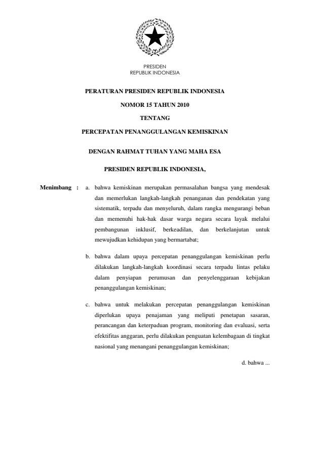 Peraturan Presiden Nomor 15 Tahun 2010