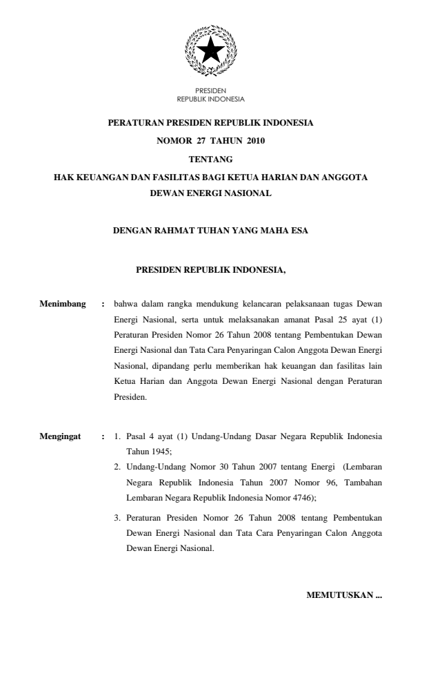 Peraturan Presiden Nomor 27 Tahun 2010