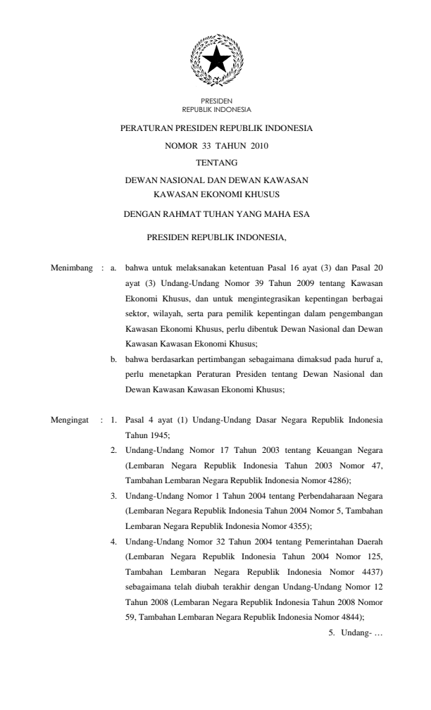Peraturan Presiden Nomor 33 Tahun 2010