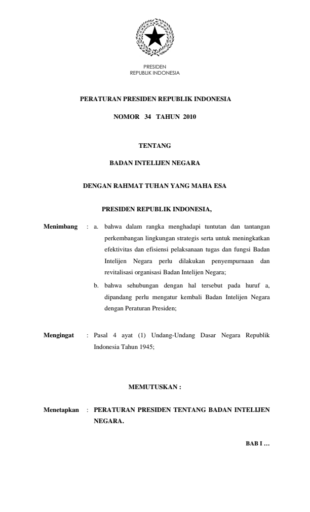 Peraturan Presiden Nomor 34 Tahun 2010