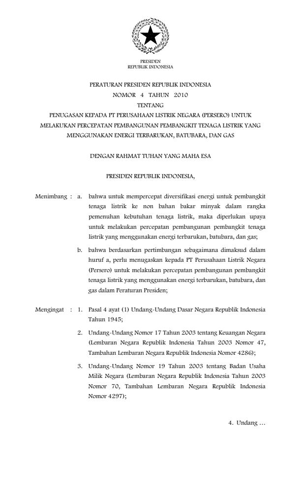 Peraturan Presiden Nomor 4 Tahun 2010