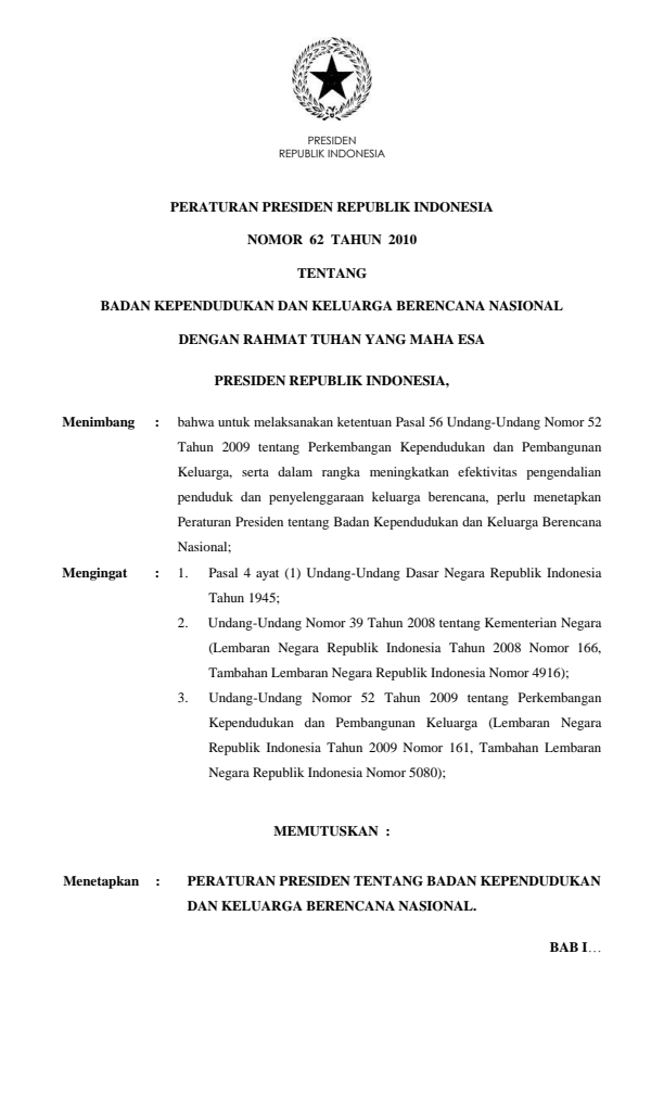 Peraturan Presiden Nomor 62 Tahun 2010