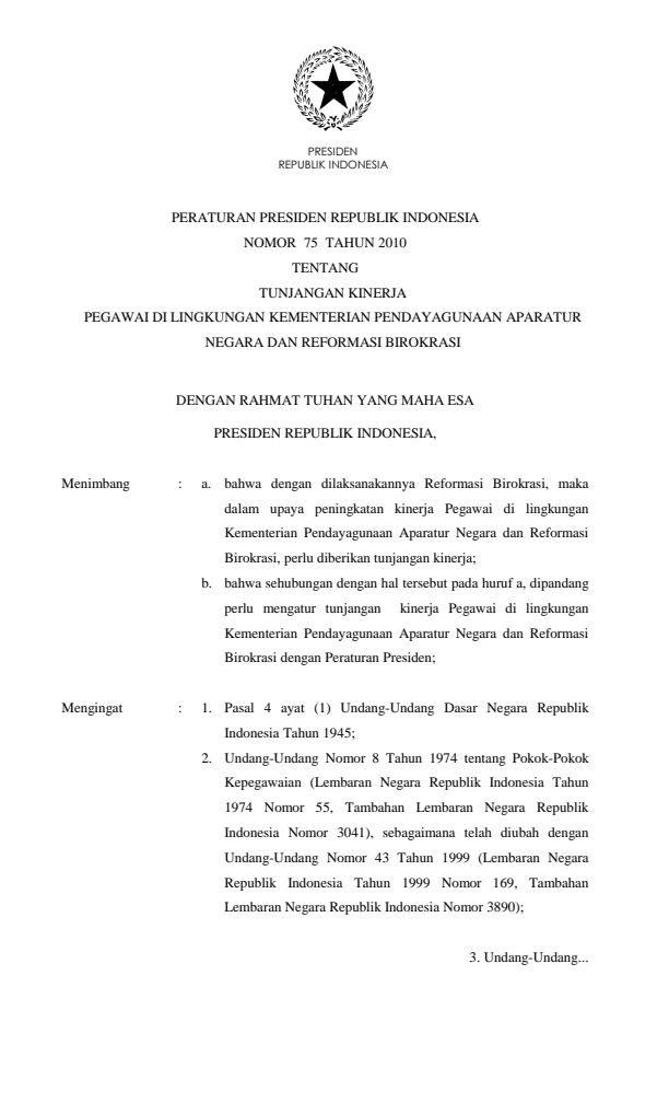 Peraturan Presiden Nomor 75 Tahun 2010
