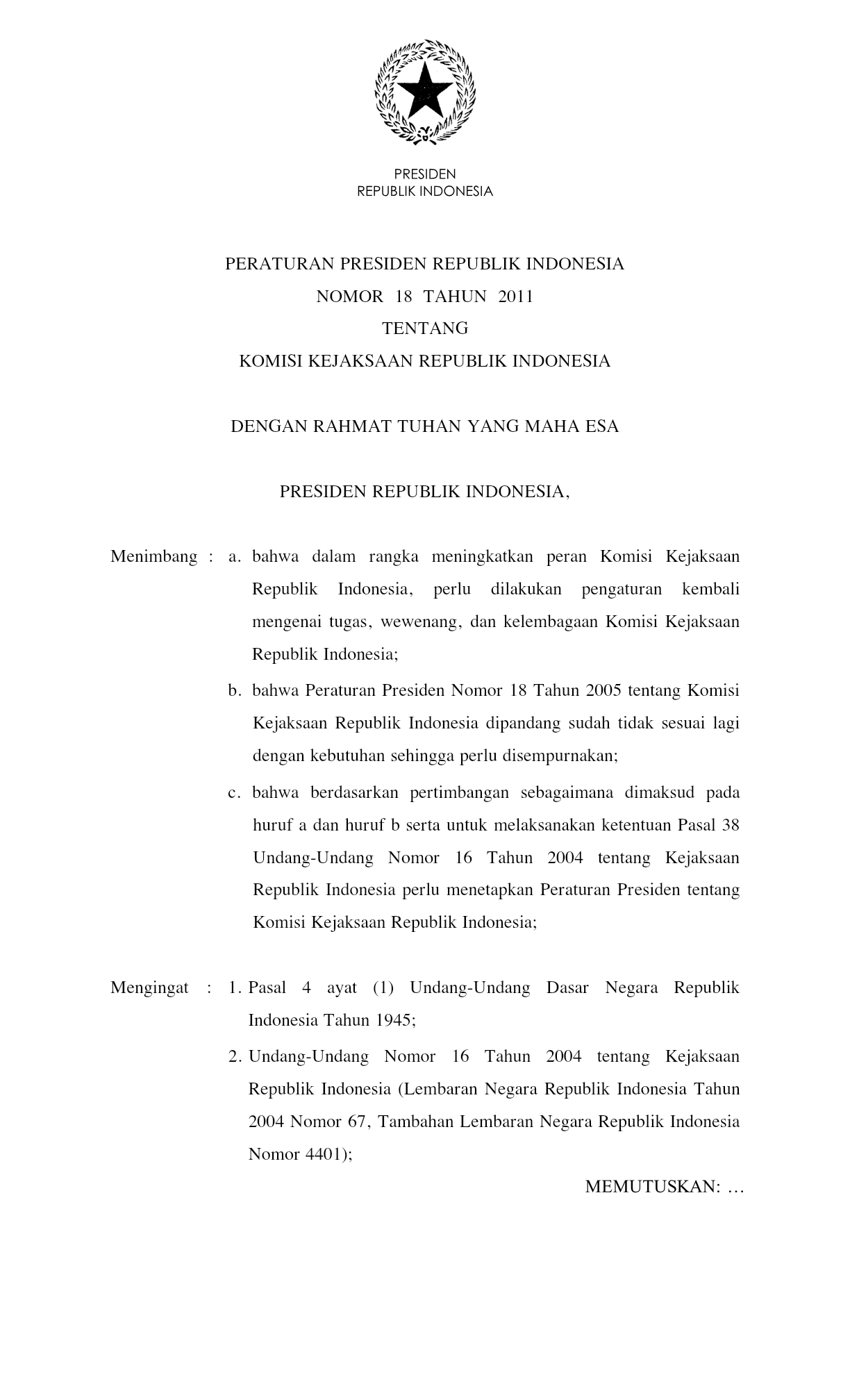 Peraturan Presiden Nomor 18 Tahun 2011