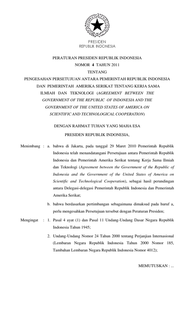 Peraturan Presiden Nomor 4 Tahun 2011