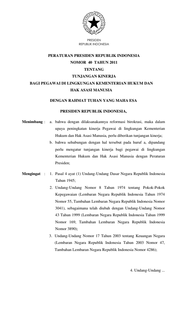 Peraturan Presiden Nomor 40 Tahun 2011