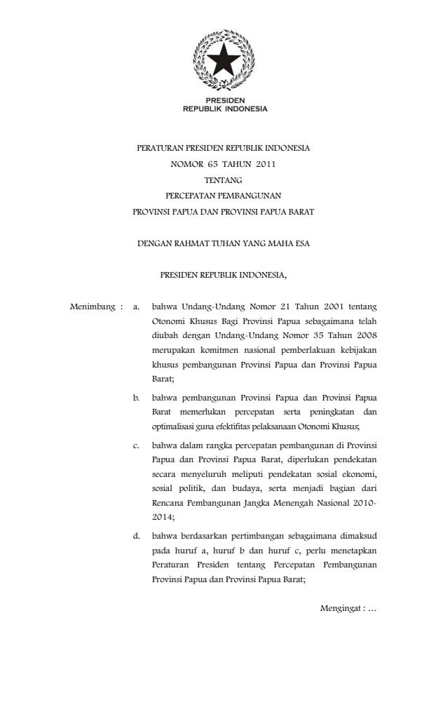 Peraturan Presiden Nomor 65 Tahun 2011